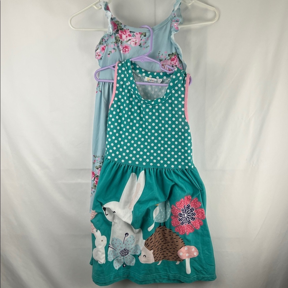Girl’s Dresses - 2 Pack - Green and white bunny, hedgehog -Blue and pink flowers
